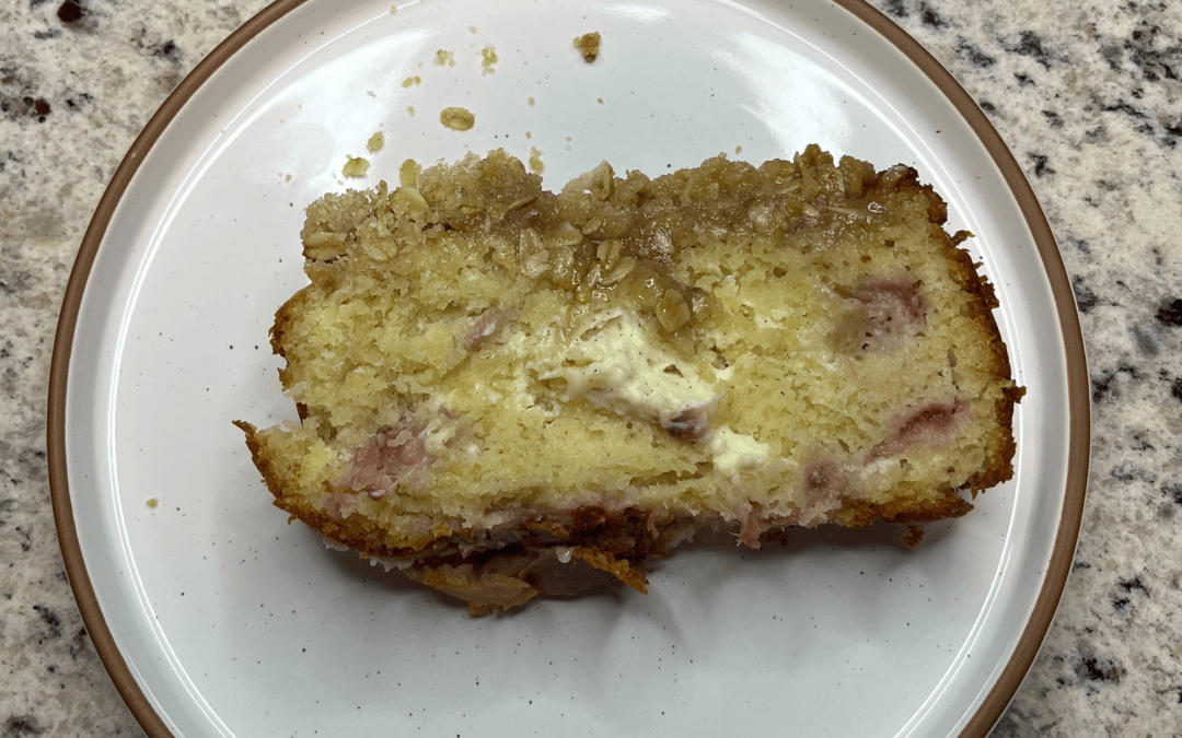 Sourdough Discard Strawberries & Cream Loaf with Crumble Topping & Vanilla Glaze