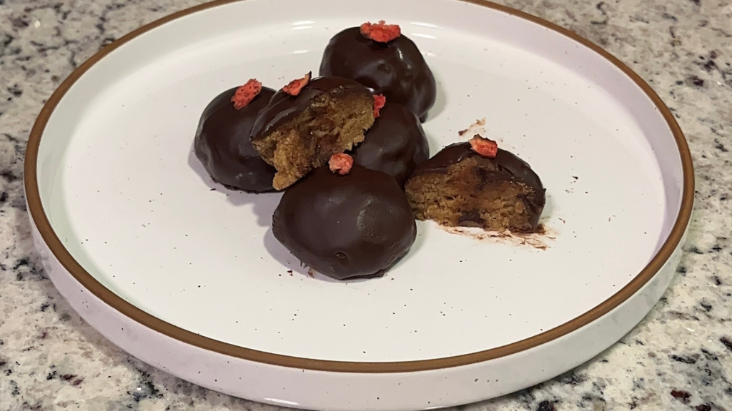 Chocolate Covered Strawberry Cookie Dough Protein Balls