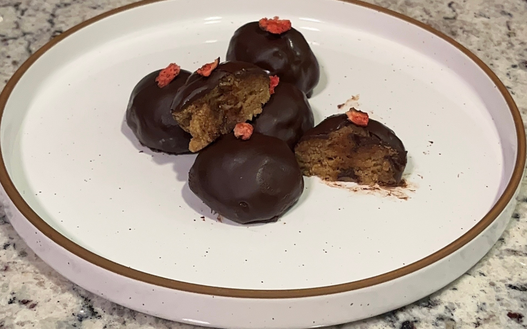 Chocolate Covered Strawberry Cookie Dough Protein Bites