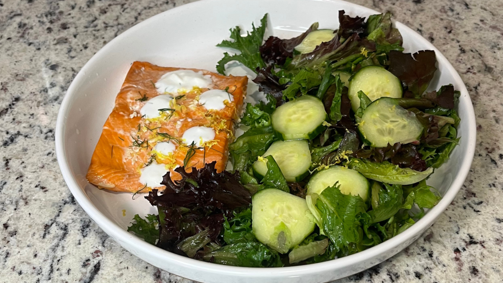 Grilled Salmon with Cucumber Salad and Dill Yogurt Sauce Dinner